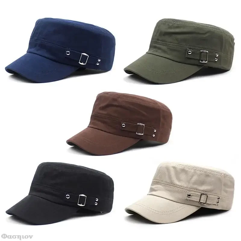 Snapback Hat Flat - 남녀공용 순색 육군 모자, 워싱 코튼