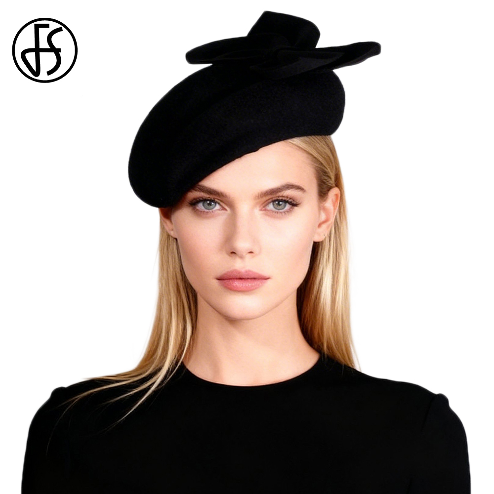 FS 블랙 화이트 울 프렌치 베레모 리본 장식 교회 모 - Beret French Wool 리뷰 및 가격