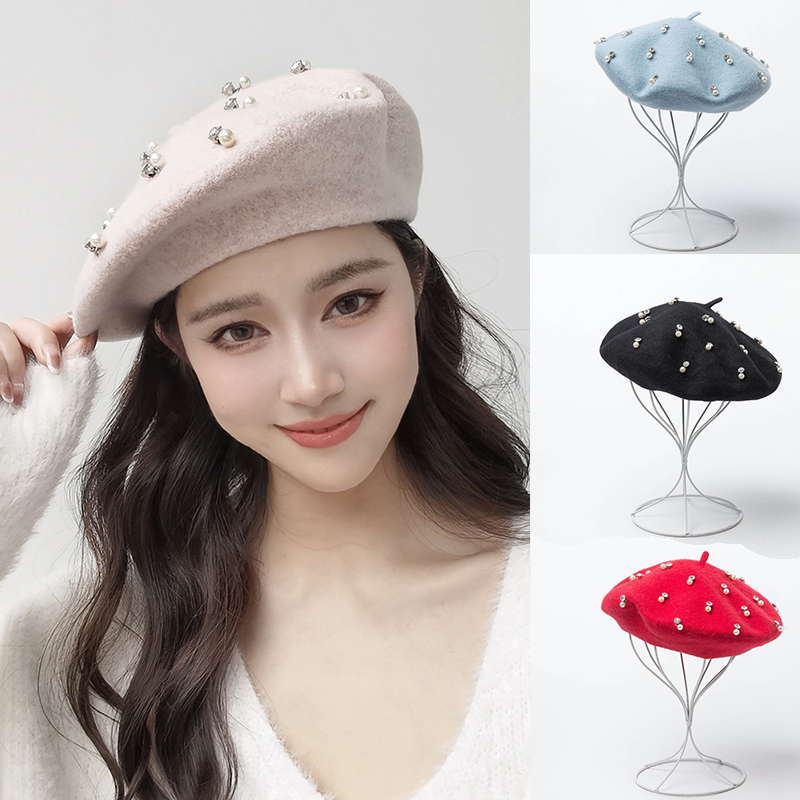 트렌디한 겨울 울 베레모 진주 비즈 여성 우아한 패션  - Beret French Wool 리뷰 및 가격