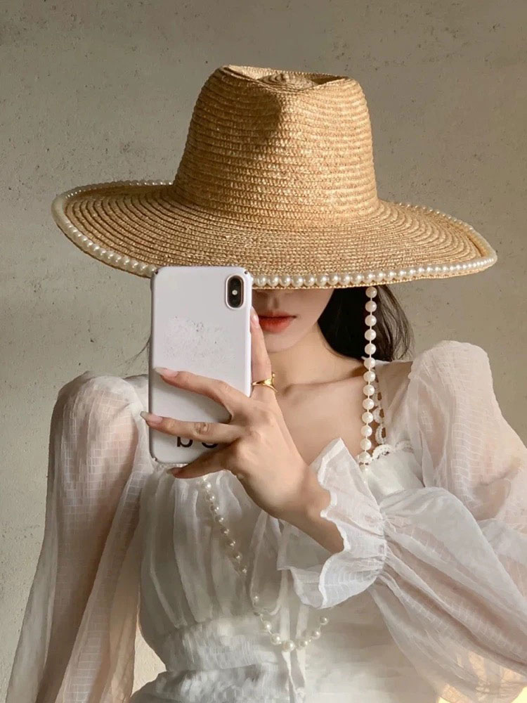 새로운 여름 패션 진주 체인 밀짚모자 여성용 비치 와이 - Cowboy Hat Straw 리뷰 및 가격